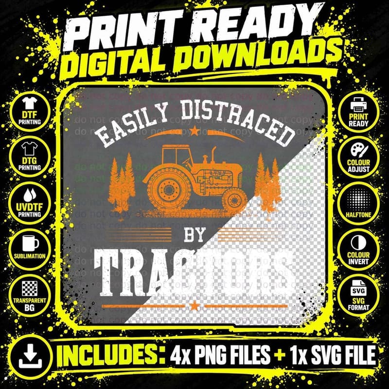 Easily Distracted by Tractors Funny Farmer Gifts Png SVG Digital Bundle