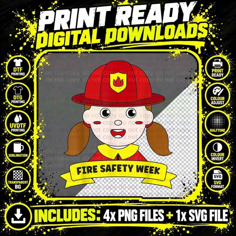 Fire Safety Week Firefighter Prevention Fireman Girl Png SVG Digital Bundle