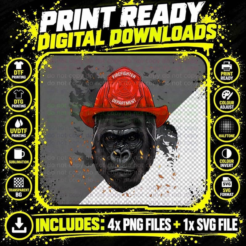 Firefighter Gorilla Ape Fire Department Fireman Monkey Png SVG Digital Bundle