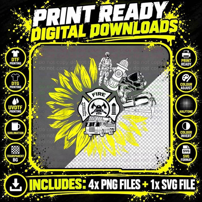 Firefighter Sunflower Fire Department Volunteer Fireman Png SVG Digital Bundle