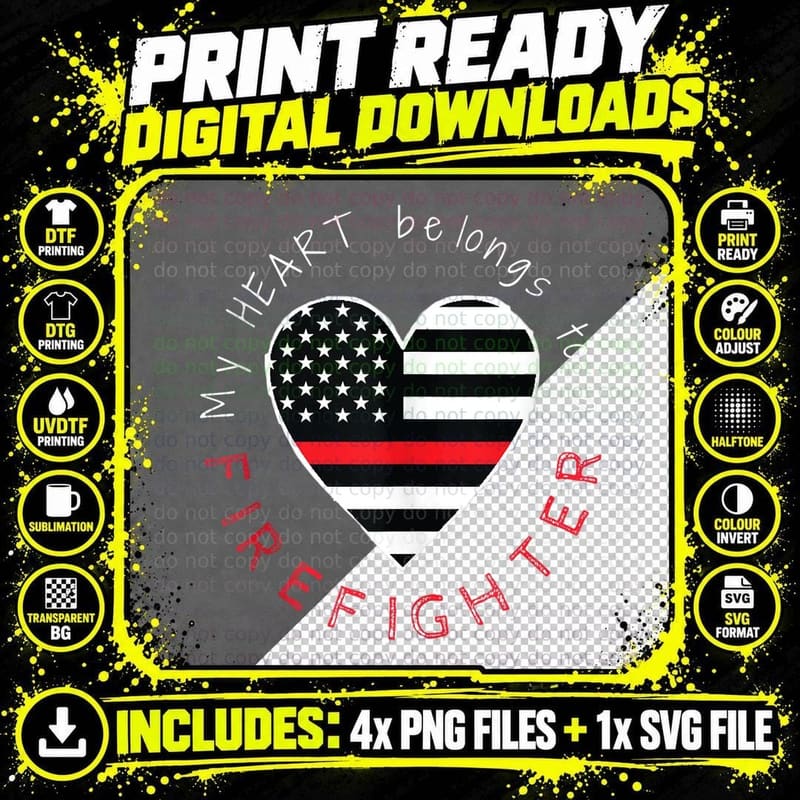 Firefighter Wife Girlfriend Thin Red Line Heart Flag Png SVG Digital Bundle