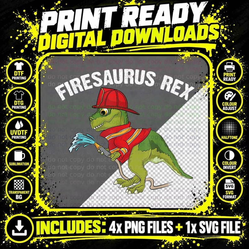 Funny Firemen Firefighter Gift Dino Boys Cool Firesaurus Png SVG Digital Bundle