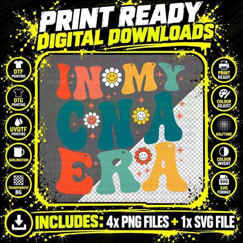 Groovy Happy Face Daisy in My Cna Era Cna Nurse Life Png SVG Digital Bundle