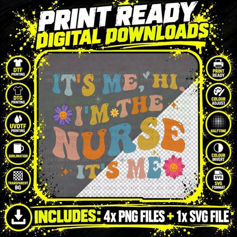 Groovy It's Me Hi I'm the Nurse It's Me Funny Nurse Png SVG Digital Bundle