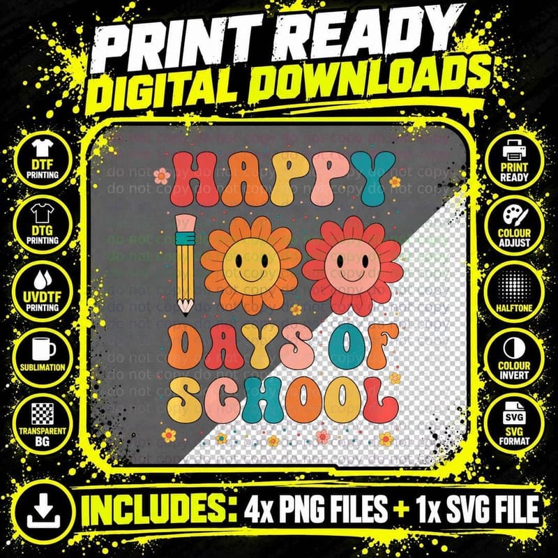 Groovy Teacher Student 100th Day of School Happy 100 Png SVG Digital Bundle