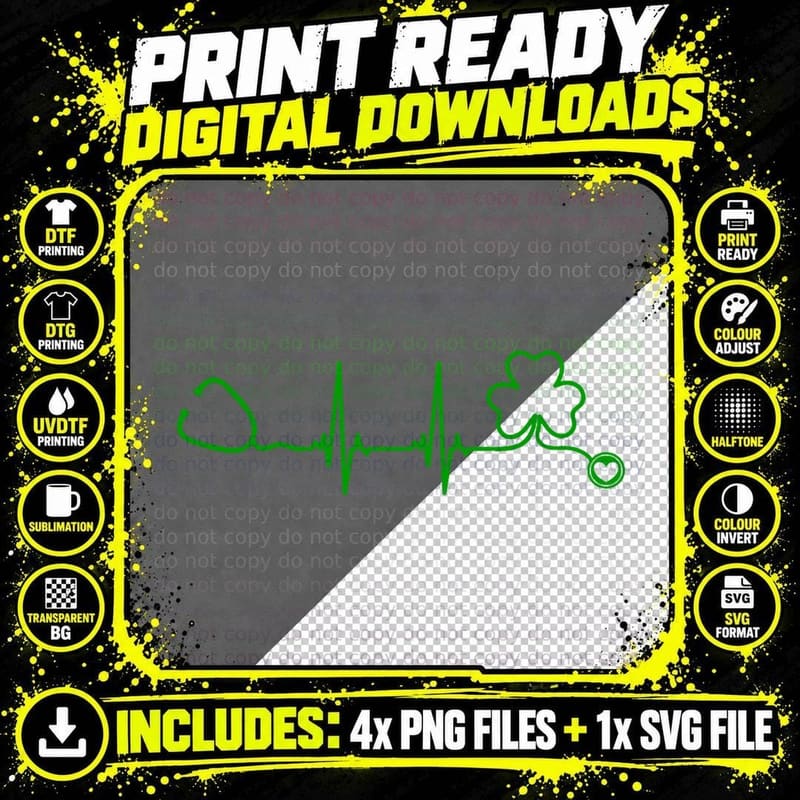 Heartbeat with Shamrock Stethoscope St Patricks Day Png SVG Digital Bundle