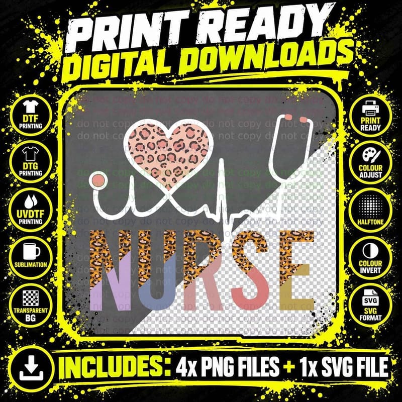 Leopard Heart Stethoscope Nurse Appreciation Cute Nurse Png SVG Digital Bundle