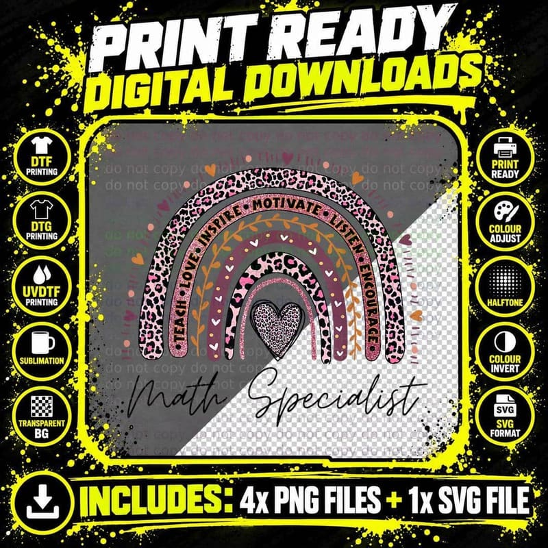 Math Specialist Teacher Pink Leopard Rainbow Back to Png SVG Digital Bundle