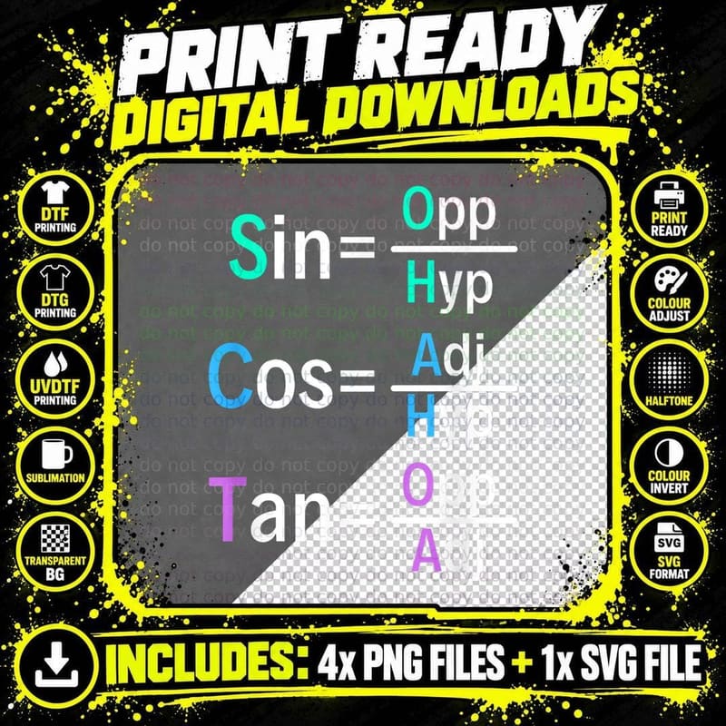 Math Teacher Trigonometry SOH CAH TOA Geometry T-Shirt Png SVG Digital Bundle