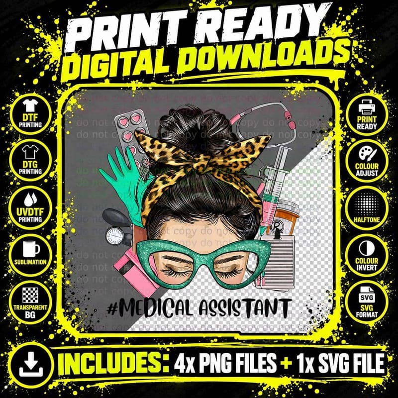 Medical Assistant Messy Bun Afro Hair Nurse Life Png SVG Digital Bundle