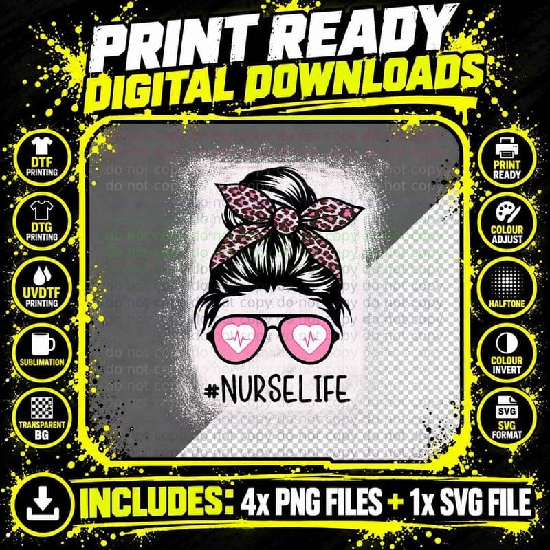 Nurse Life Bleacheds Pink Leopard Messy Bun Nurse Life Png SVG Digital Bundle