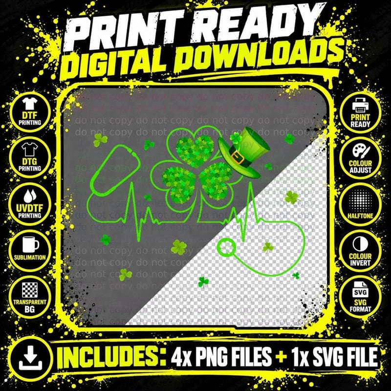 Nurse Stethoscope Heartbeat St Patricks Day Shamrock Png SVG Digital Bundle