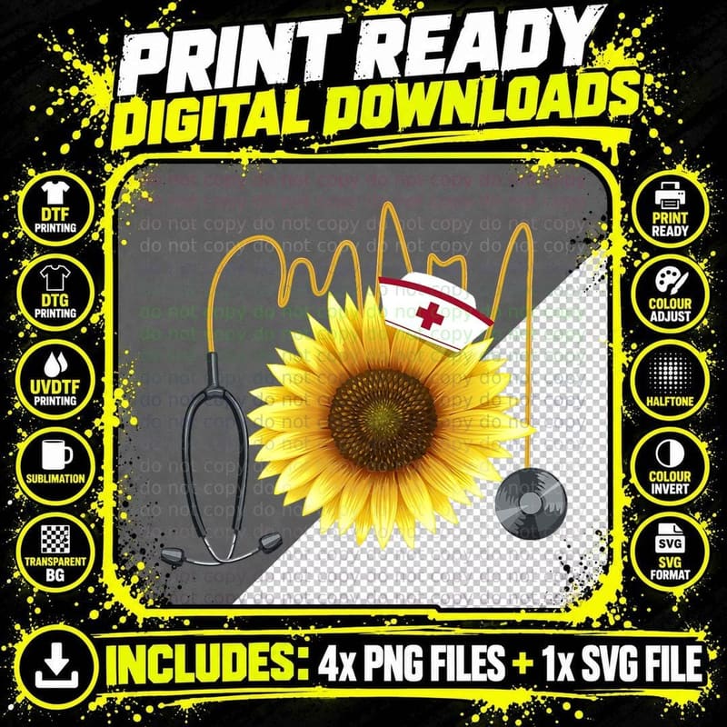 Nurse Sunflower Heartbeat Gift Design for Nurses T-Shirt Png SVG Digital Bundle