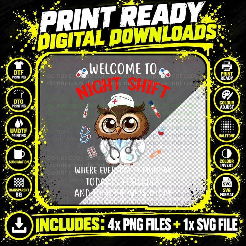 Owl Night Shift Funny Nurse Nursing Rn Lpn Cna for Men Png SVG Digital Bundle