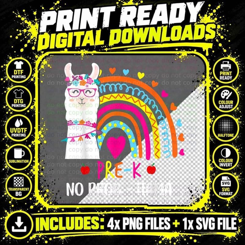 Pre K No Prob Llama Teacher Rainbow Back to School Png SVG Digital Bundle