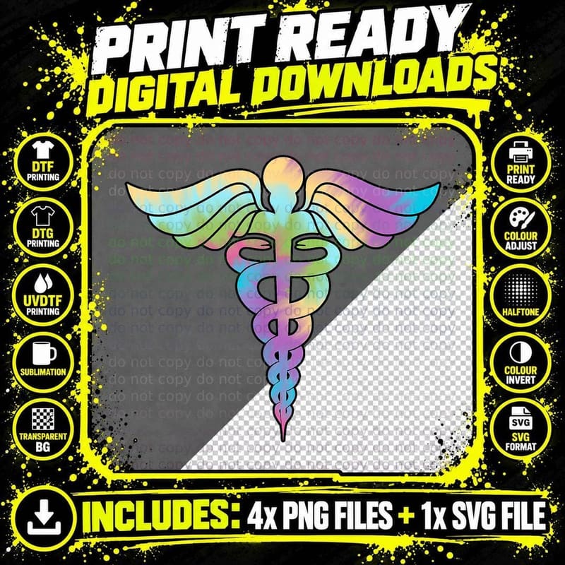 Pretty Pastel Tie Dye Nurse Doctor Caduceus Medical Png SVG Digital Bundle