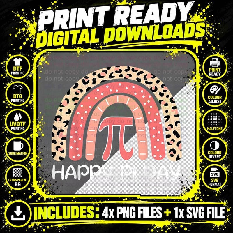 Rainbow Cheetah Happy Pi Day Math 3.14 Symbol Teacher Png SVG Digital Bundle