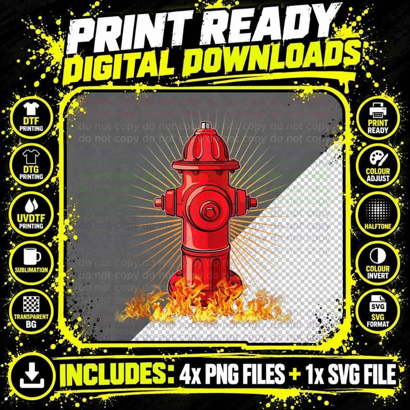 Red Graphic Fire Hydrant Firefighter Work T-Shirt Png SVG Digital Bundle