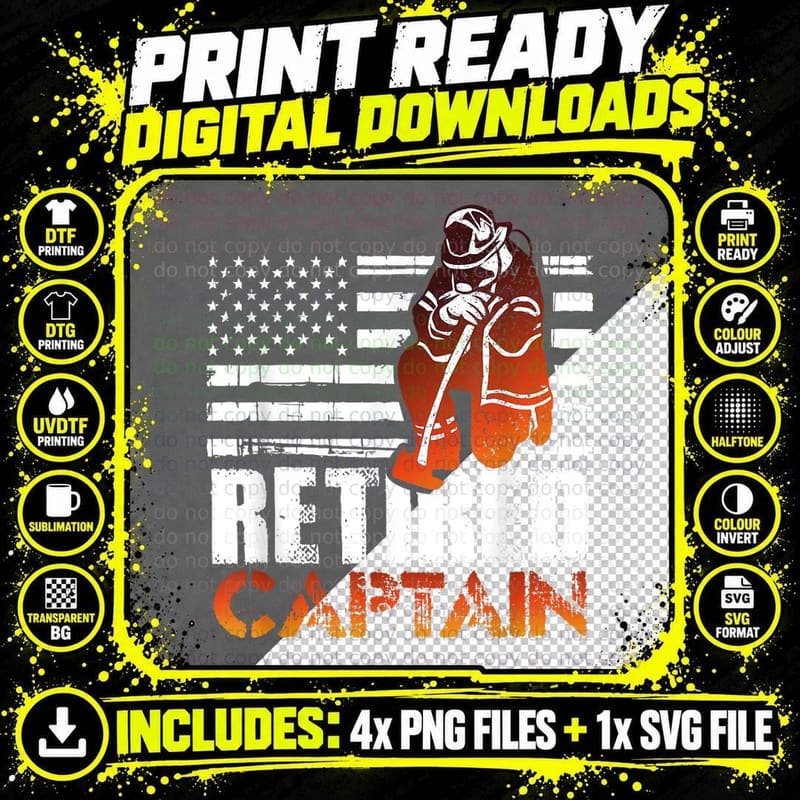 Retired American Firefighter Captain Retirement Gift Png SVG Digital Bundle