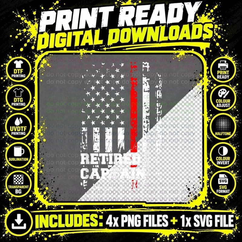 Retired Firefighter Captain Rank Retirement Gift T-Shirt Png SVG Digital Bundle