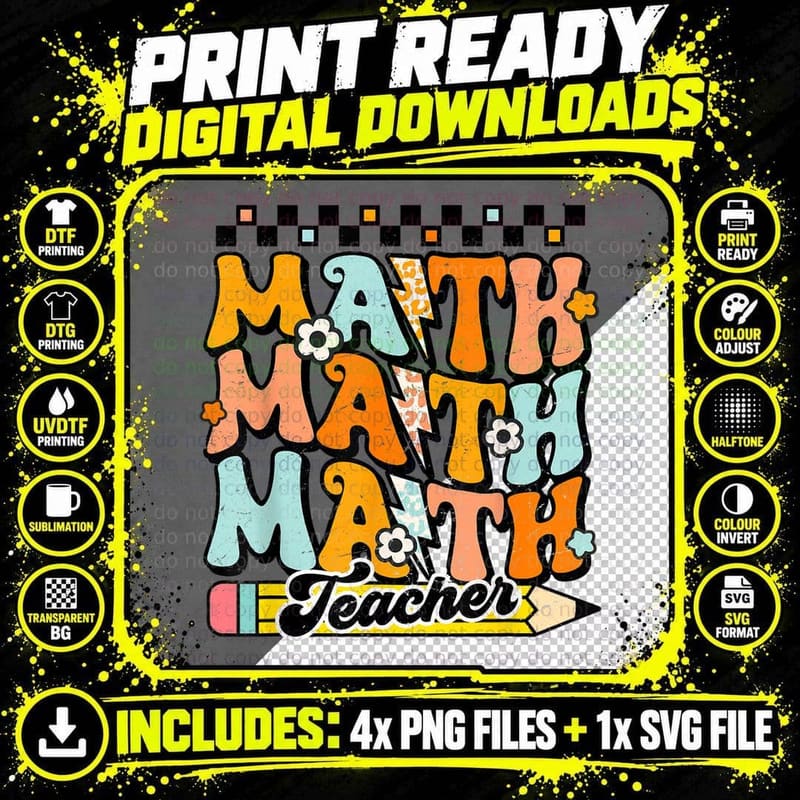 Retro Groovy Math Teacher Math Class Math Teacher Team Png SVG Digital Bundle