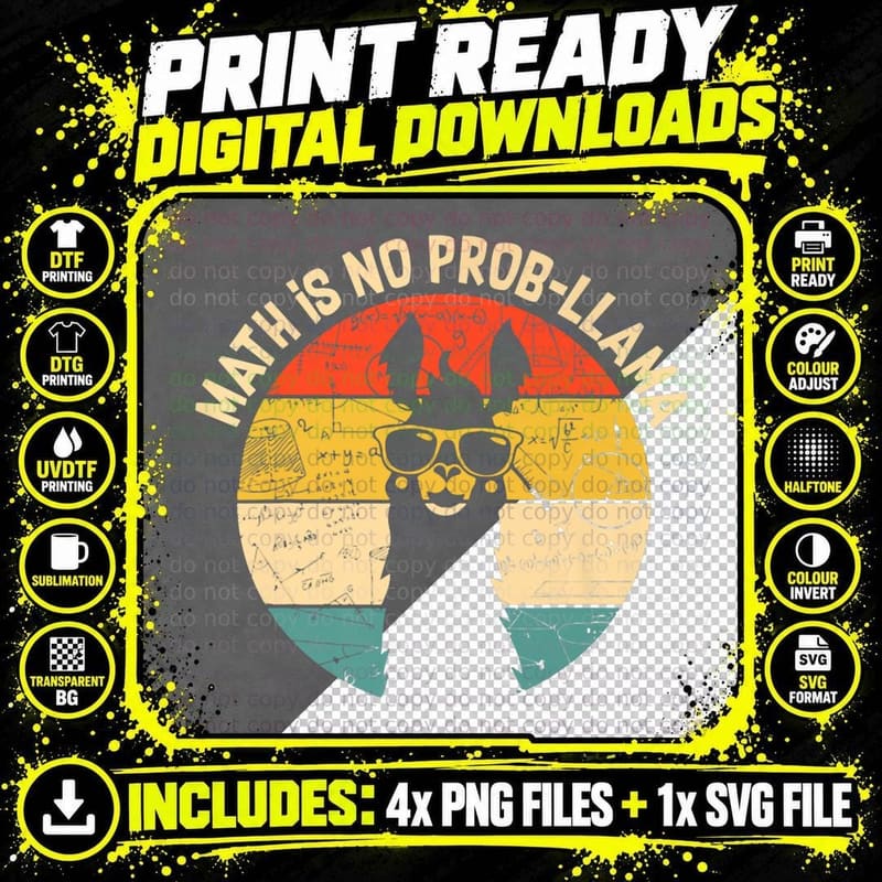 Retro Vintage Math Is No Prob-Llama Funny Math Teacher Png SVG Digital Bundle