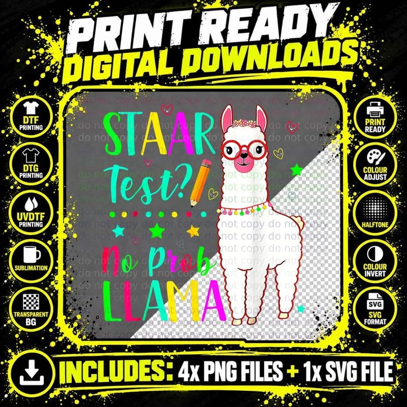 Staar No Prob Llama Teacher Exam Testing Test Day Kids Png SVG Digital Bundle