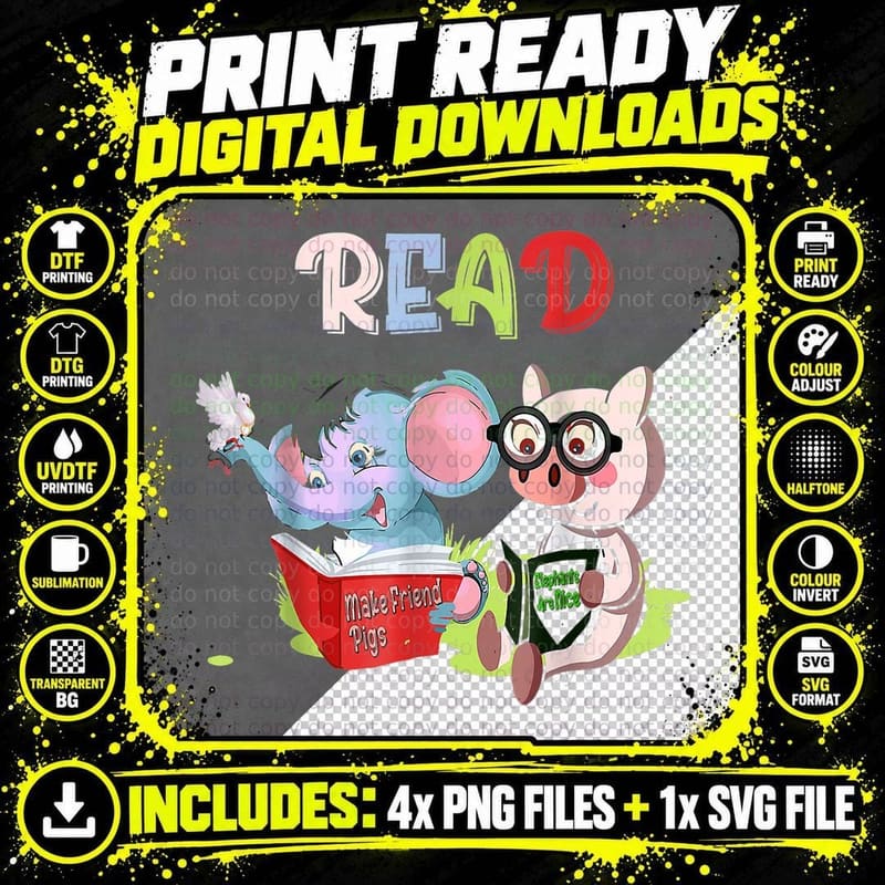 Teacher Library Read Book Club Piggie Elephant Pigeons Png SVG Digital Bundle