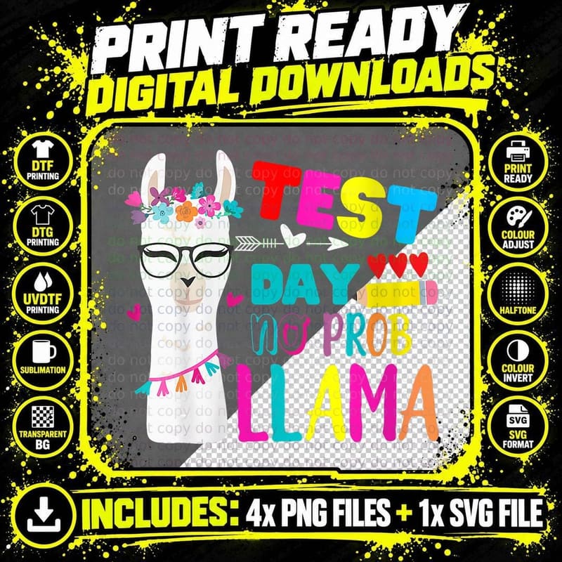 Test Day No Prob-Llama Teacher Testing Day for Teacher Png SVG Digital Bundle