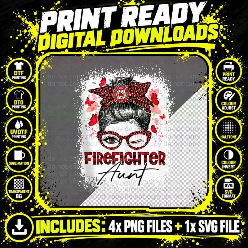 The Red Proud Firefighter Fireman Aunt - Messy Bun Hair Png SVG Digital Bundle