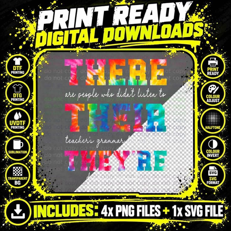 There Their They're English Grammar Teacher Tie Dye Png SVG Digital Bundle