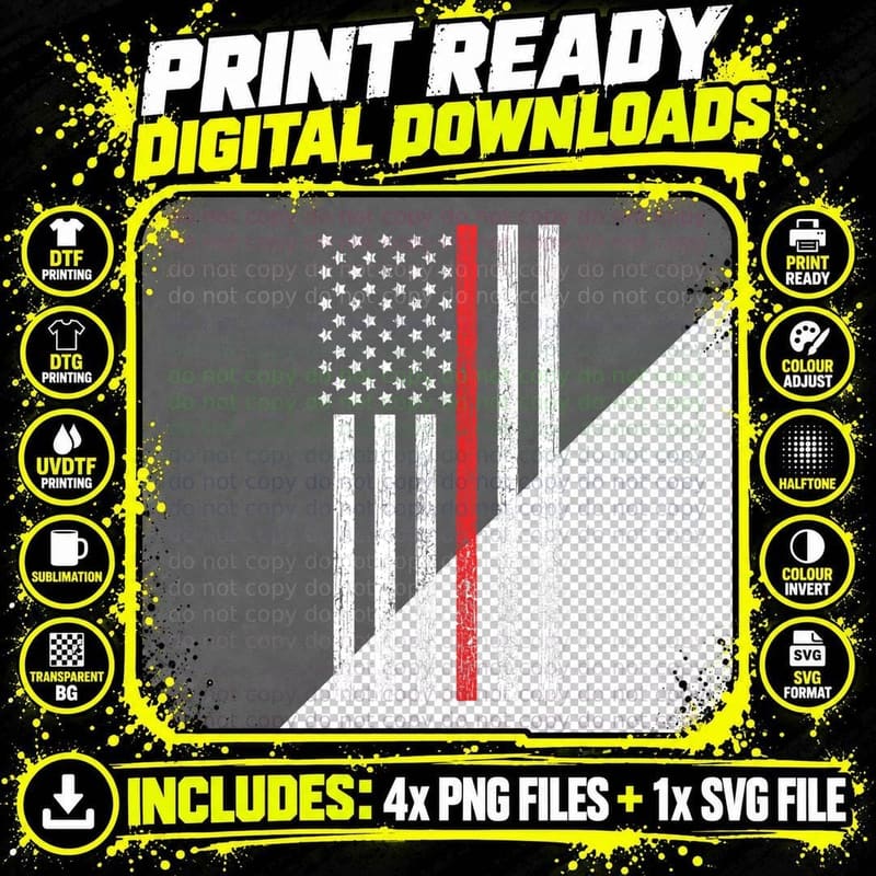 Thin Red-Line Firefighter Flag Distressed Effect T-Shirt Png SVG Digital Bundle
