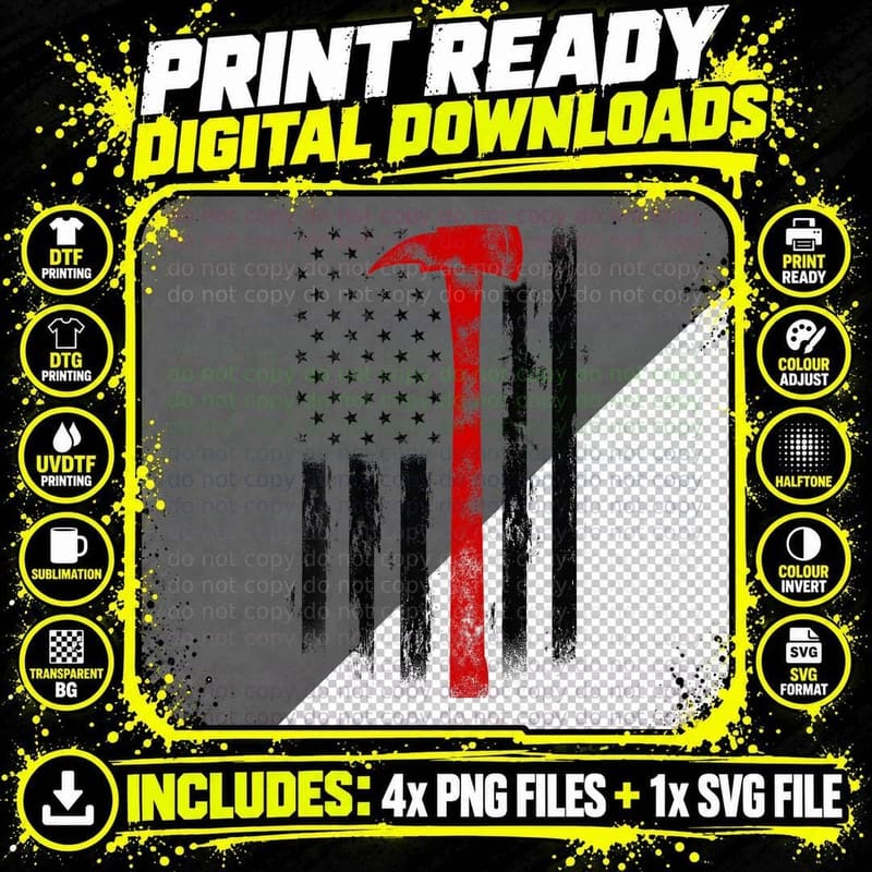 US Fireman Distressed Firefighter American Red Axe Flag Png SVG Digital Bundle