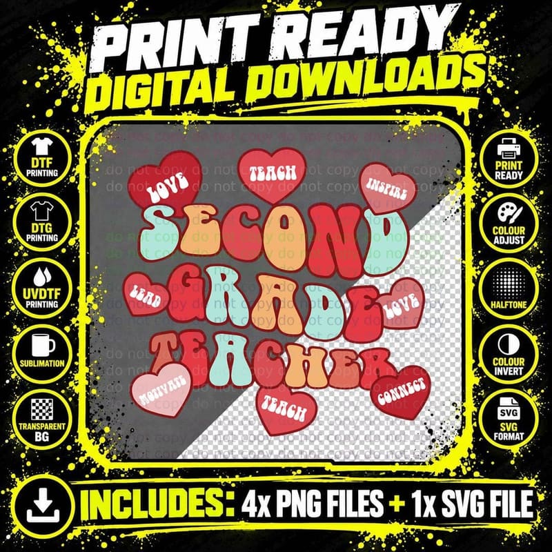 Valentines Day Second Grade Teacher Shirts Retro Groovy Png SVG Digital Bundle