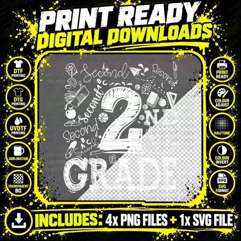 2ND Second Grade Typography Team Kids Teacher Back to Png SVG Digital Bundle