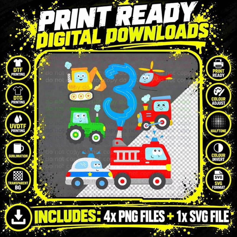3 Year Vehicles Boys Fire Engine Police Car Children Png SVG Digital Bundle
