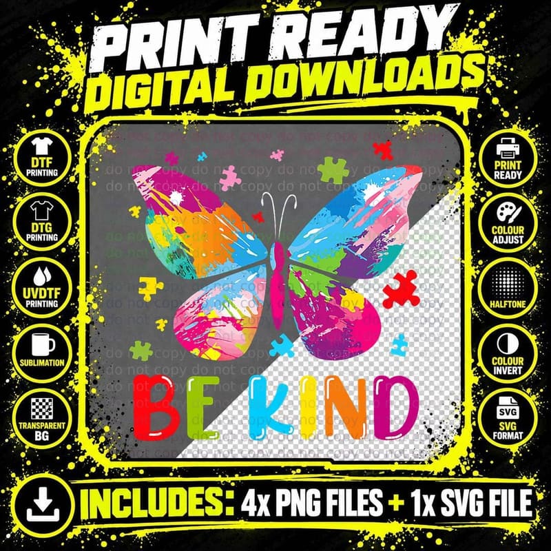 Autism Awareness Kindness Butterfly Be Kind Teacher Png SVG Digital Bundle
