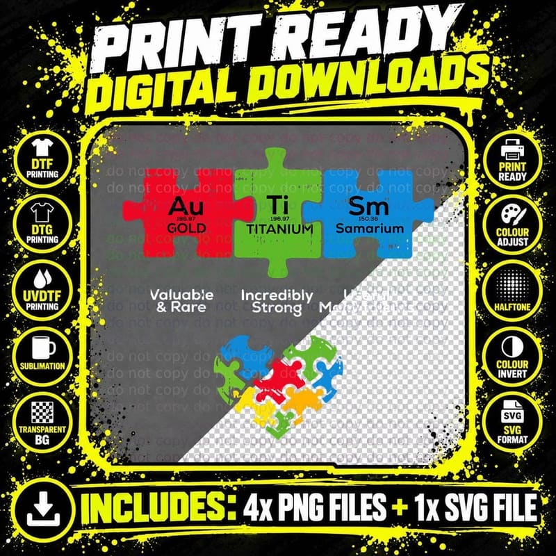 Autism Awareness Teacher Periodic Table Puzzle Piece Png SVG Digital Bundle