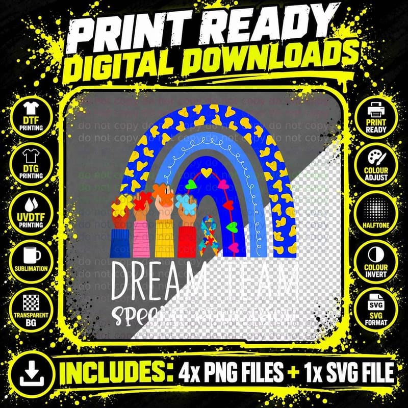 Autism Teacher Dream Team Special Education Rainbow ECSE Png SVG Digital Bundle