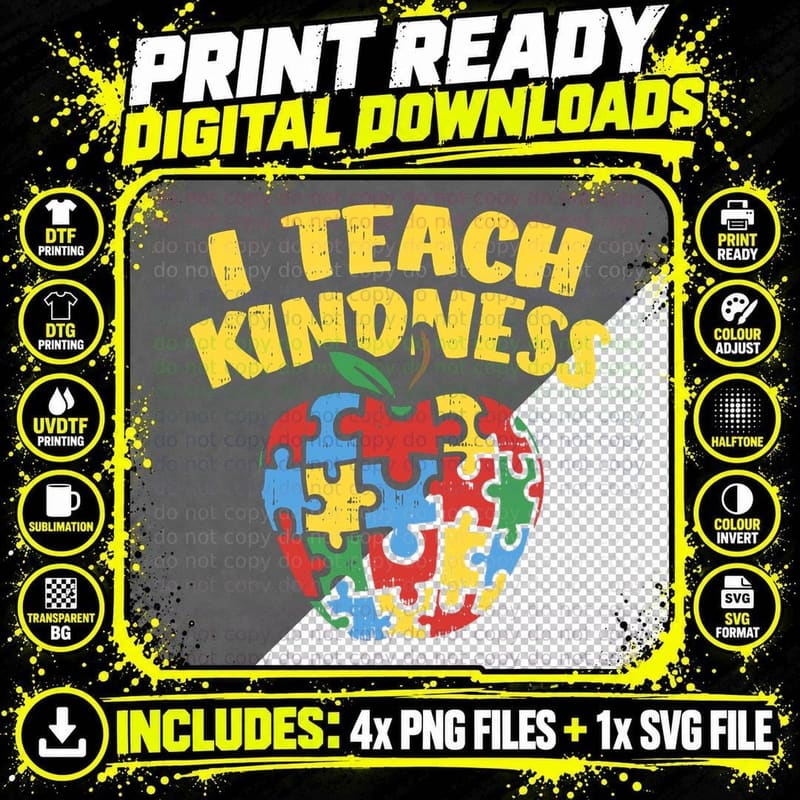 Autism Teacher I Teach Kindness Apple Puzzle Awareness Png SVG Digital Bundle