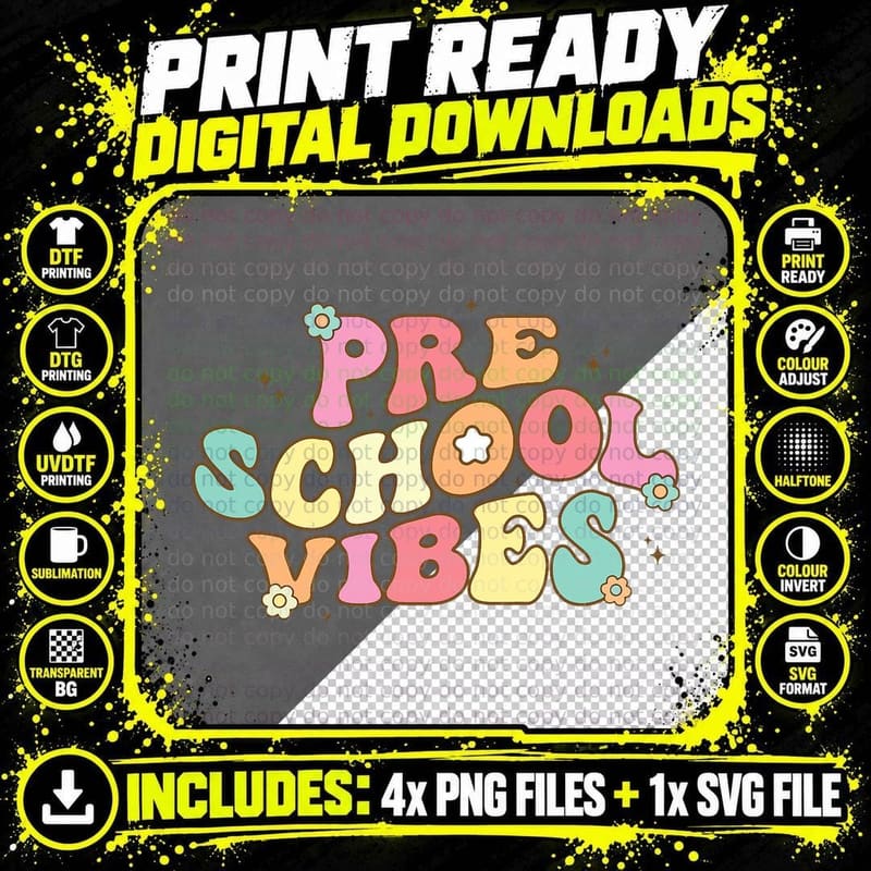 Back to School Preschool Vibes Retro Teacher Preschool Png SVG Digital Bundle