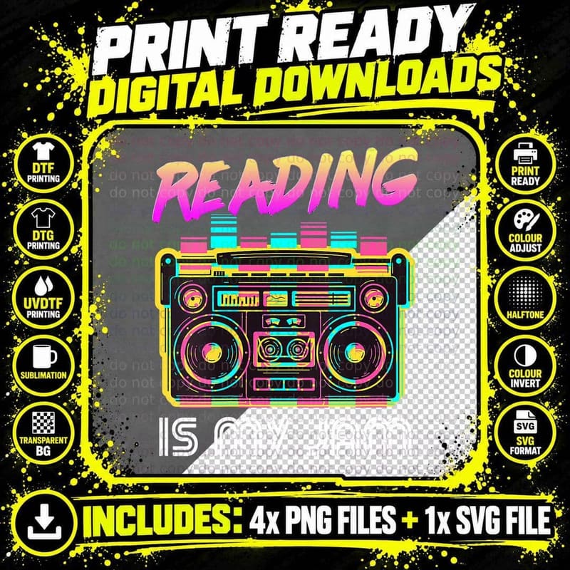 Back to School Retro Reading Is My Jam 80s Teacher Png SVG Digital Bundle