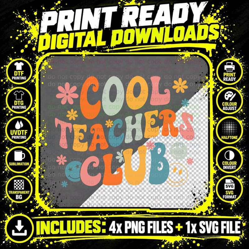 Cool Teachers Club Back to School Groovy Teacher Men Png SVG Digital Bundle