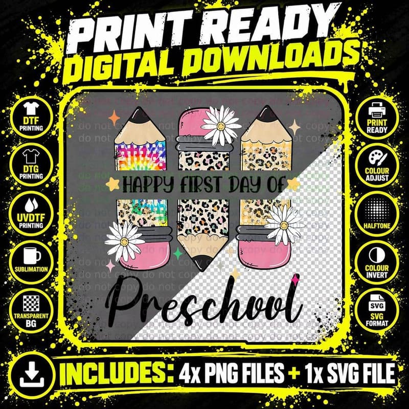 First Day of Preschool Teacher Leopard Pencil Back to Png SVG Digital Bundle