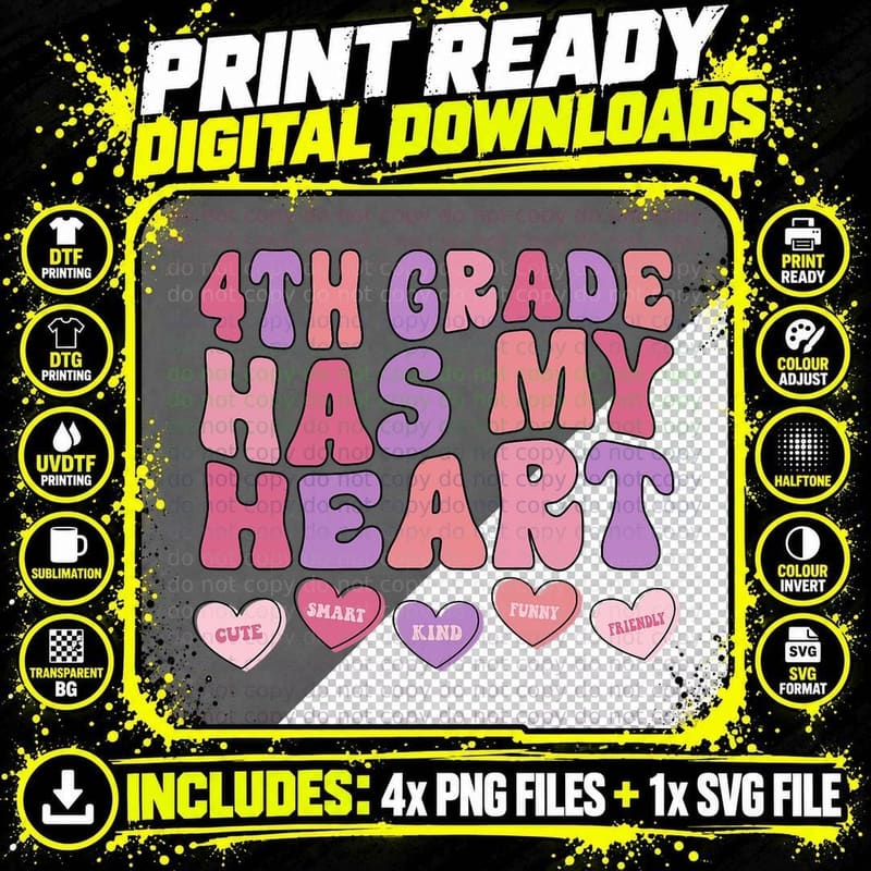 Fourth Grade Has My Heart Groovy Valentines Day Teacher Png SVG Digital Bundle