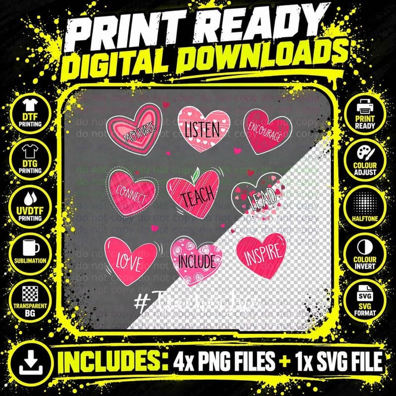 Funny Hearts Teach Love Inspire Teacher Life Valentines Png SVG Digital Bundle