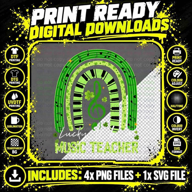 Funny Lucky to Be a Music Teacher Rainbow St Patricks Png SVG Digital Bundle