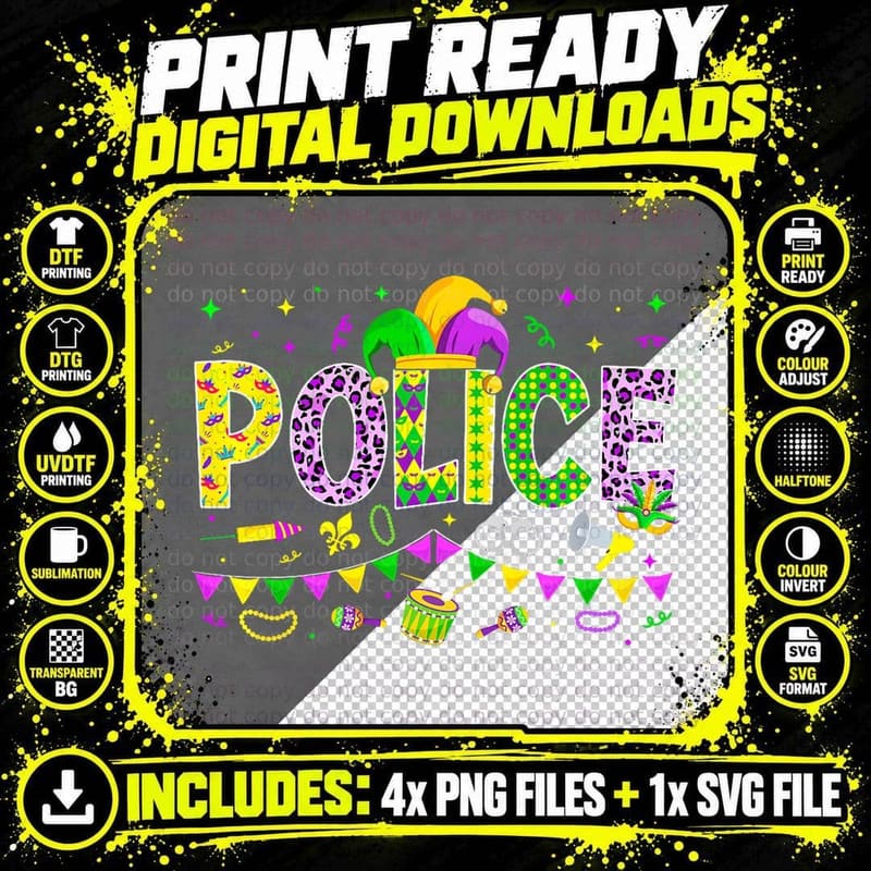 Funny Police Lover Mardi Gras Carnival Party Women Men Png SVG Digital Bundle