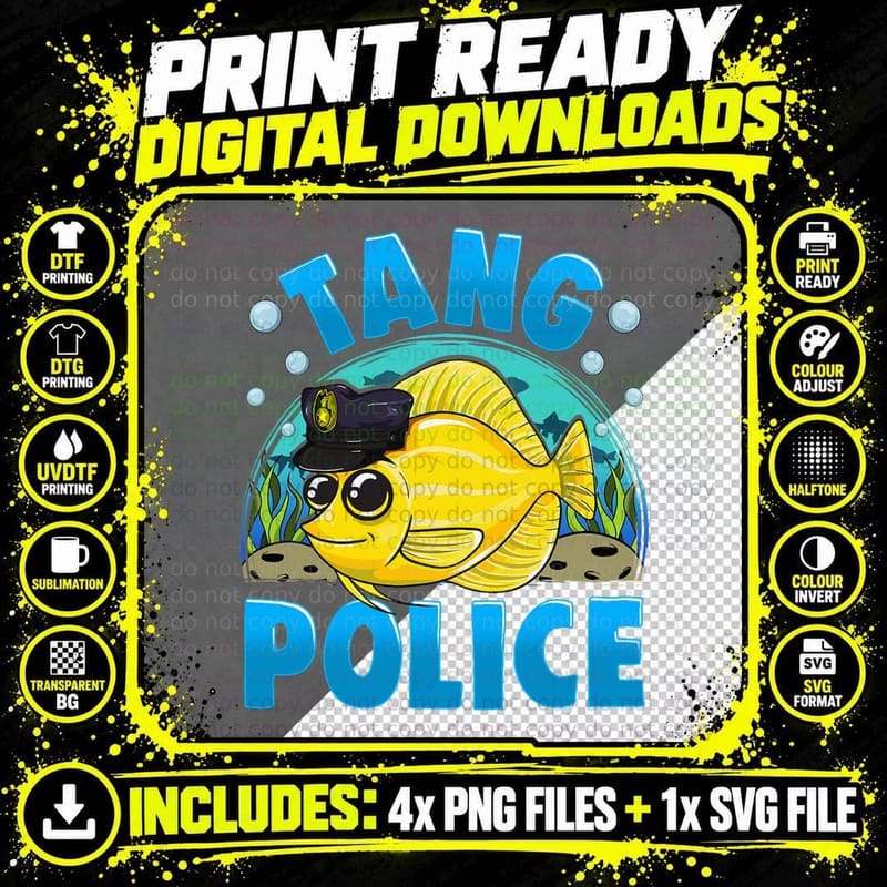 Funny Saltwater Aquarium Yellow Tang Police Aquarist Png SVG Digital Bundle