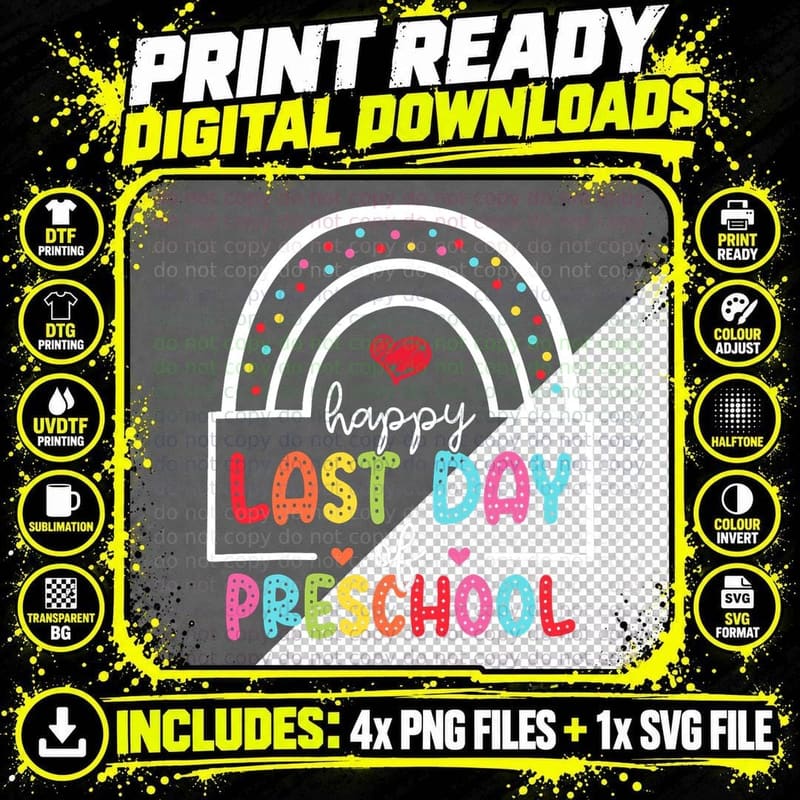 Happy Last Day of Preschool Graduation Teacher Rainbow Png SVG Digital Bundle